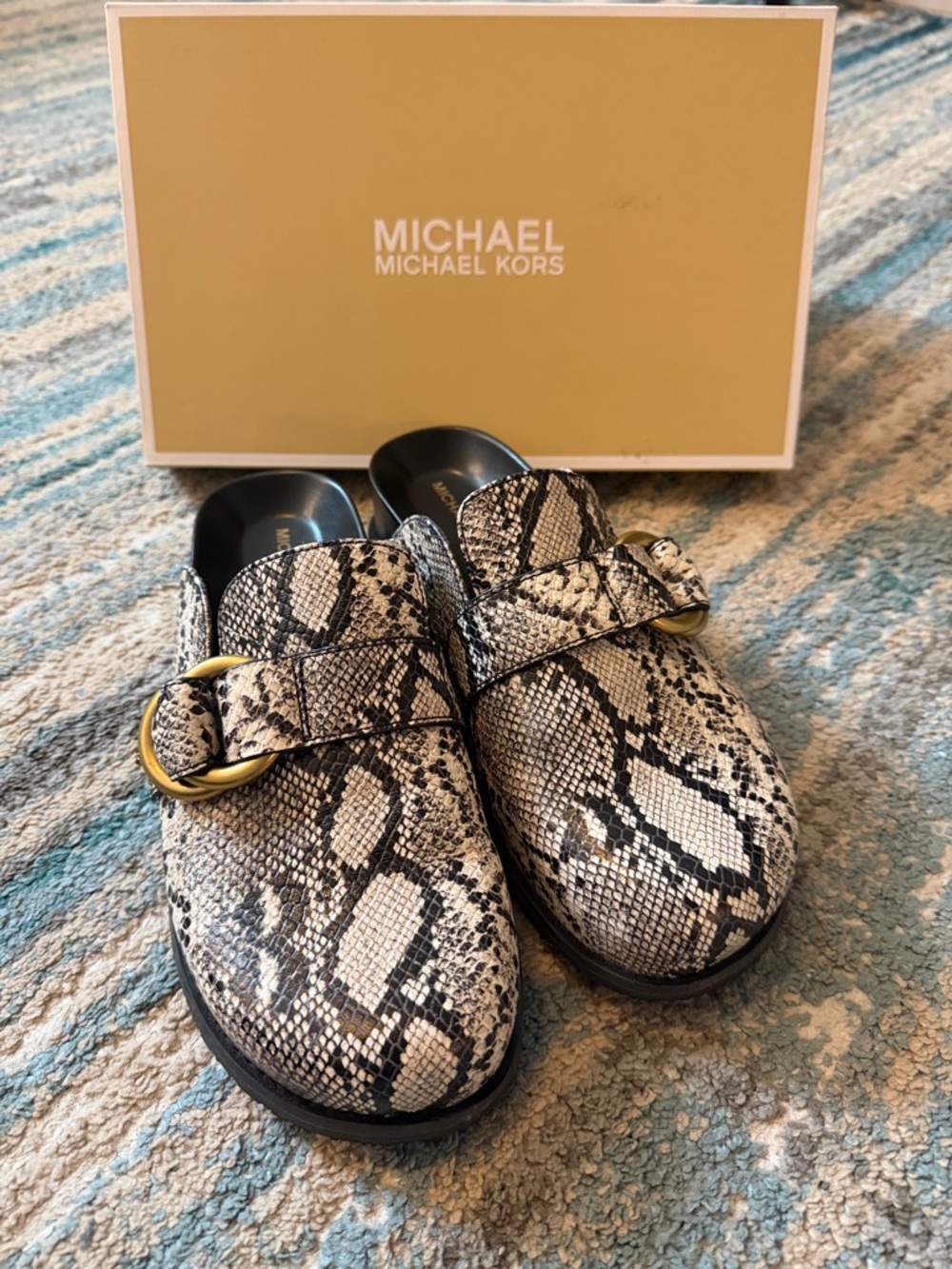 Michael Kors Jaden Clog Mules Snake Print leather with Gold Buckle